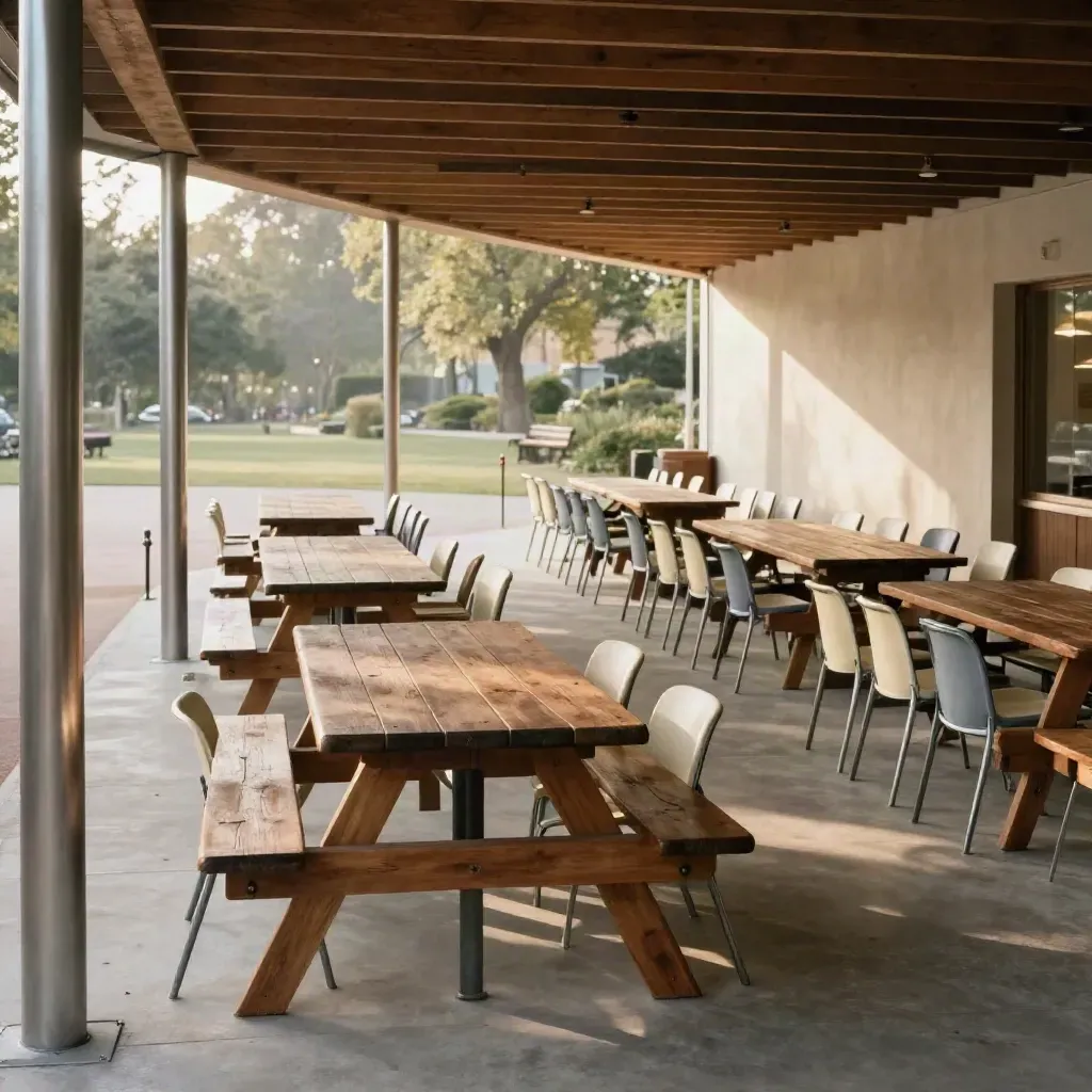 Gereed groepsboekingsgedeelte met lange picknicktafels, stoelen en afzetpalen onder een overkapping.