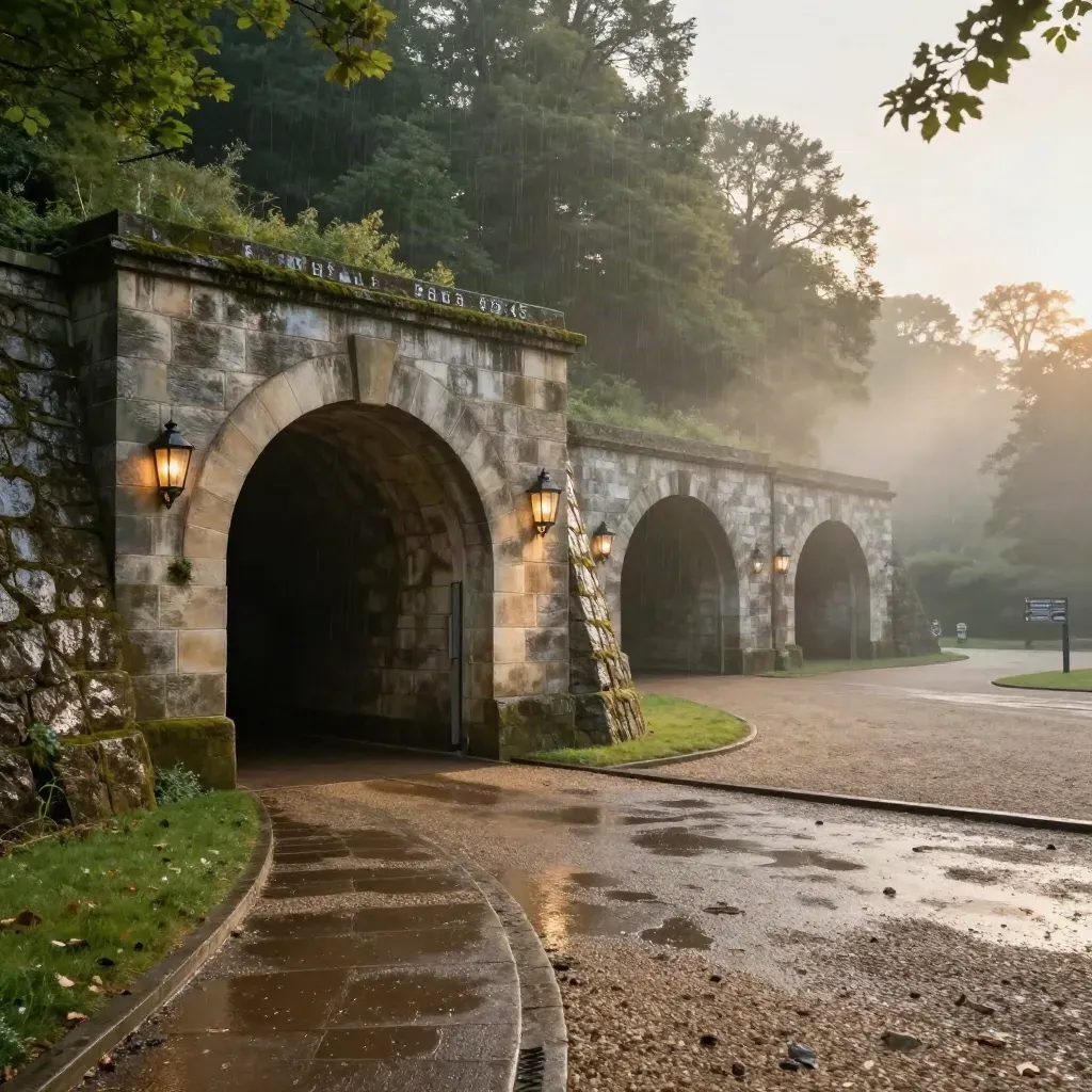 Tunnelportaal met nat gravelpad, mist en zacht ochtendlicht na een zomerse regenbui.
