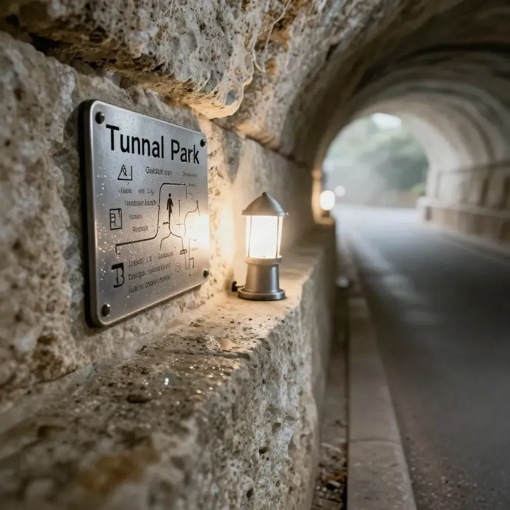 Verlichte tunnelingang met routebordjes en lantaarnachtige wegverlichting in close-up