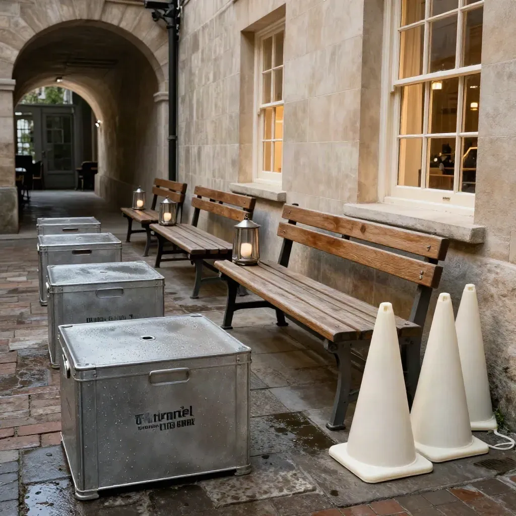 Lege rustplek in de tunnelcourtyard met banken, kratten, lantaarns en routekegels.