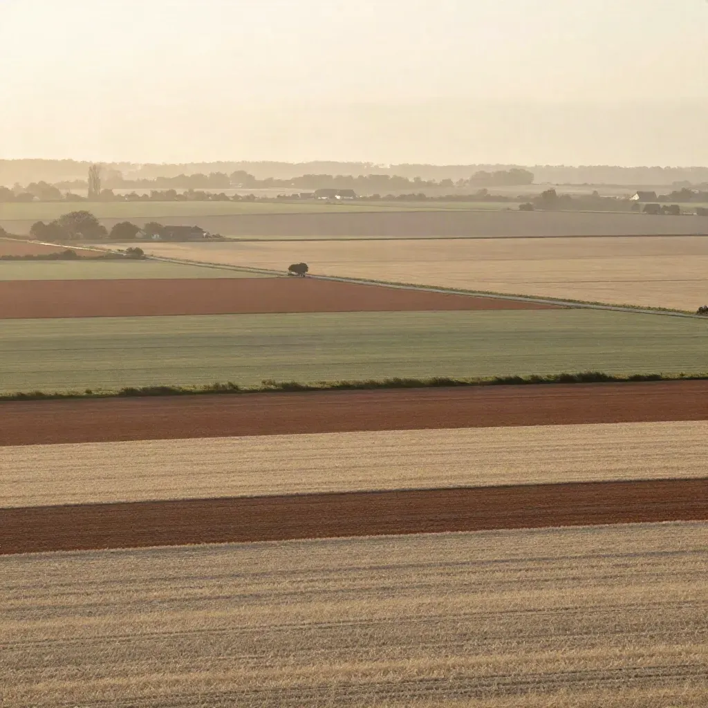 Gelderse Vallei met patchwork akkers, een boerderijsilhouet en een zacht weggetje.